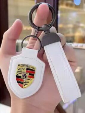 Porsche White and Gold Keychain Pendant Black Leather Raised Metal Logo. NWT